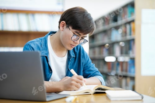 Preview: Student studying at library.