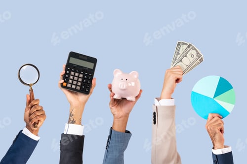 Preview: Financial Planning Concepts: Calculator, Piggy Bank, Charts, and Magnifier