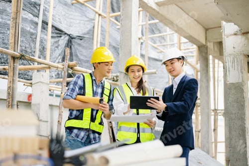 Preview: Contractor and architect looking at plan, tablet, laptop and talking about working on big project.