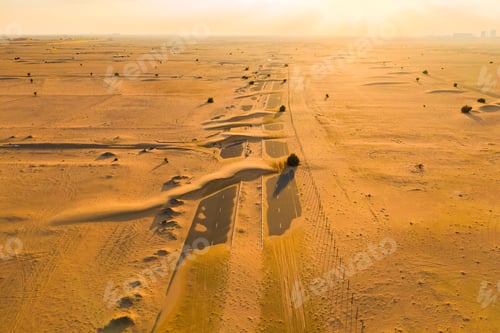 Preview: Desert Safari with sand dune. Natural landscape background at sunset time.