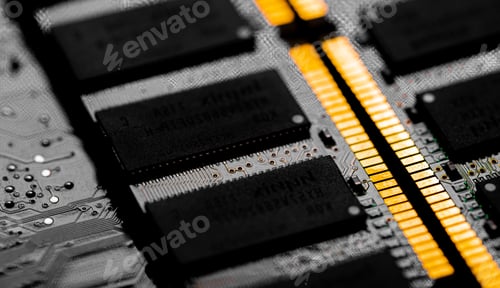 Preview: Macro Close up of computer RAM chip and motherboard