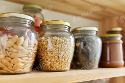 Preview: Kitchen pantry, wooden shelves with jars and containers with food, food storage