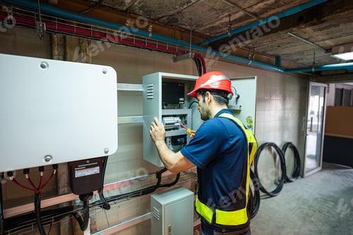 Preview: Service Engineer working inspection installation inverter solar cell.
