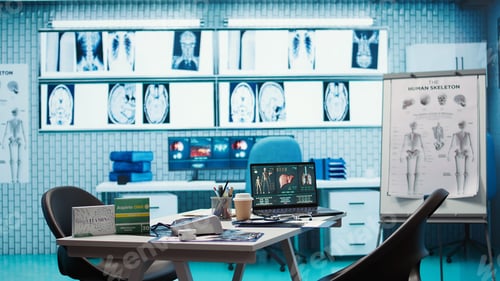Preview: Empty doctor office featuring modern medical equipment and drugs