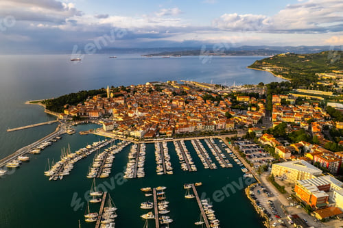 Preview: Izola townscape on the Adriatic coast of the Istrian peninsula in Slovenia. Aerial drone view