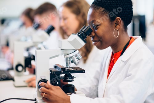 Preview: Scientist examining samples under a microscope in a laboratory.