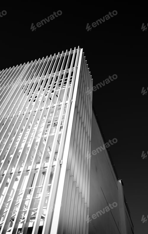 Preview: Abstract architecture design. Black and white futuristic exterior background. Black sky copy-space