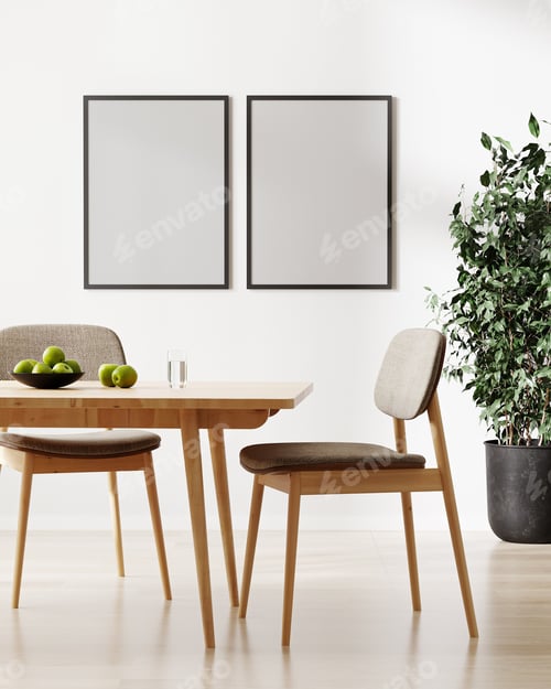 Preview: two empty frames mockup, stylish room interior with table and chairs, green plant, 3d rendering