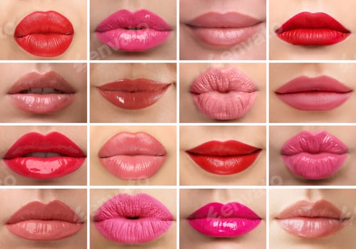Preview: Women's lips with lipsticks of different shades, collage