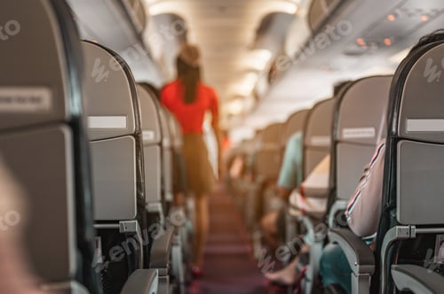 Preview: Aisle With an air hostess walking to check the order of passengers before take-off. Airplane, Travel