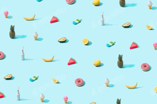 Preview: Trendy sunlight Summer pattern made with various summer food on bright light blue background.