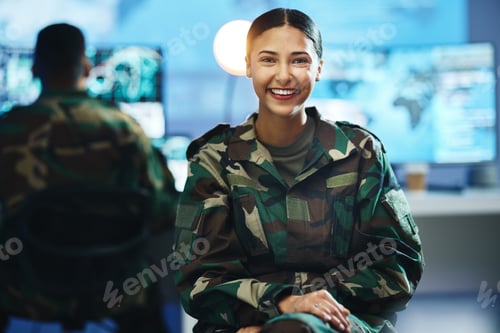 Preview: Portrait, smile and a woman in an army control room for strategy as a soldier in uniform during war