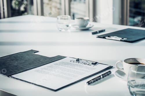 Preview: Close up business contract paper on meeting room table with pen and coffee cup