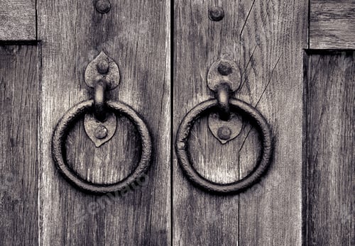 Preview: ancient wooden gate with door knocker rings