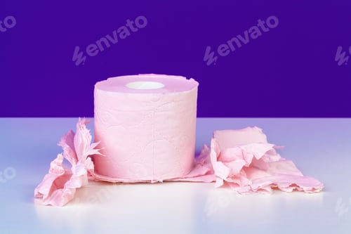 Preview: Toilet paper rolls isolated on white table with purple background