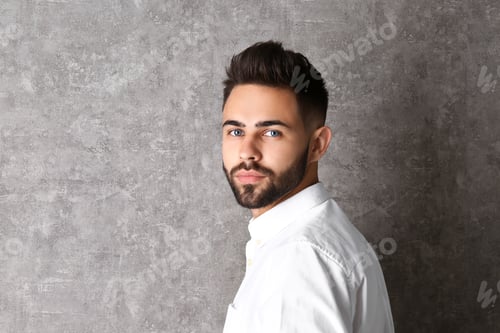 Preview: Portrait of handsome man on grey background. Space for text