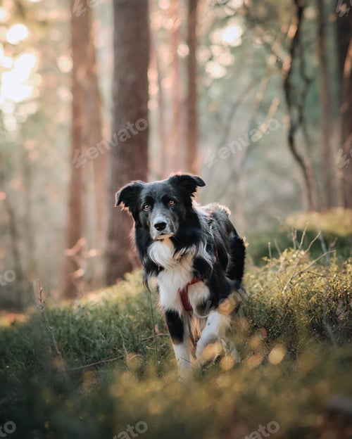 Preview: Selective focus shot of the border collie dog in the forest