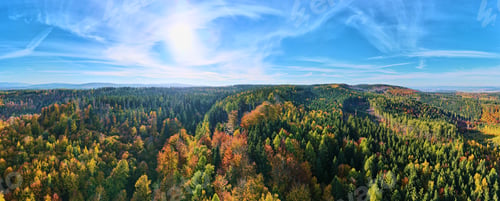 Preview: Aerial view of mountains covered with autumn forest