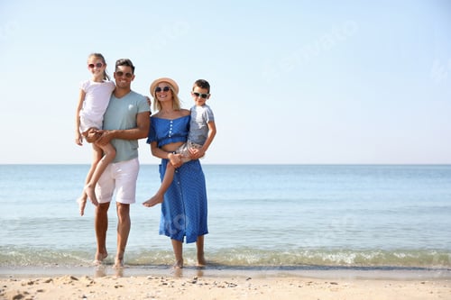 Preview: Happy family at beach on sunny summer day