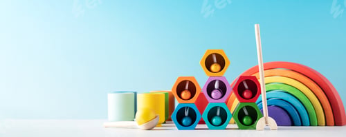Preview: Colorful wooden toys for little children development on light blue background