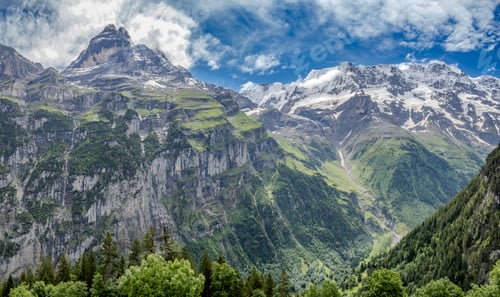 Preview: View of mountain peaks from Grutchwalp to Murren hike, Switzerland