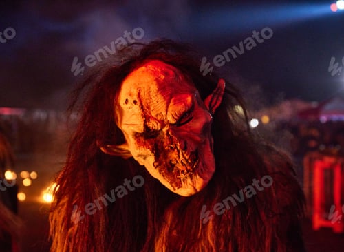 Preview: Krampus dressed in eerie face masks illuminated by a fire in the night