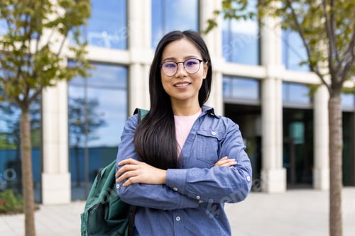 Preview: A young asian woman smiles confidently, standing outside of a university building.