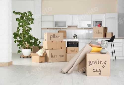 Preview: Cardboard boxes and household stuff in kitchen. Moving day