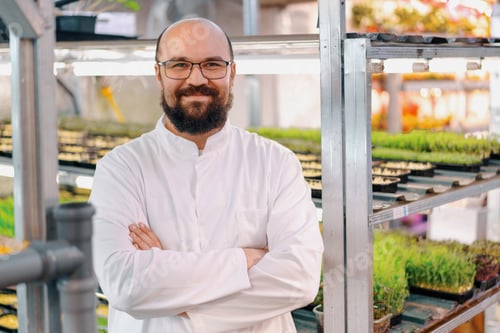 Preview: gardener in glasses and white coat at microgreen farm Healthy vegan food Organic plant germination