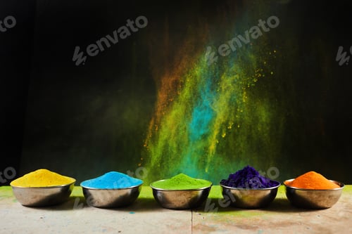 Preview: Colorful traditional Holi powder in bowls. Happy Holi. Concept Indian color festival.