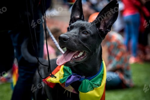Preview: A black dog wearing a rainbow flag around its neck