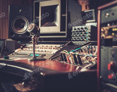 Preview: Close-up of boutique recording studio control desk.