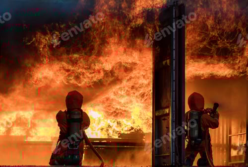 Preview: Firefighter Concept. Fireman using water and extinguisher to fighting with fire flame.