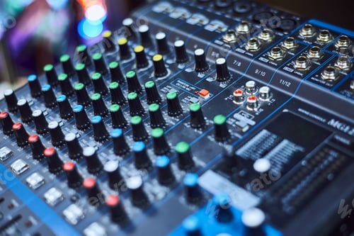 Preview: Audio music mixer console on a black background. Sound studio mixing desk