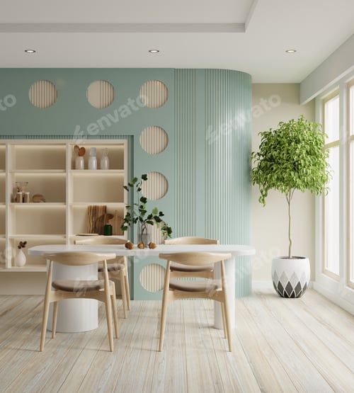 Preview: Minimal dining room interior design,Bright spacious dining room,Blue wall