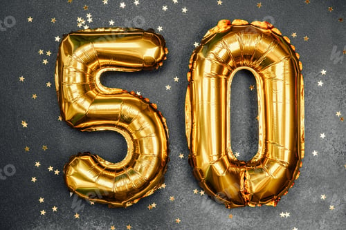 Preview: Golden balloons celebrating a milestone birthday with gold confetti