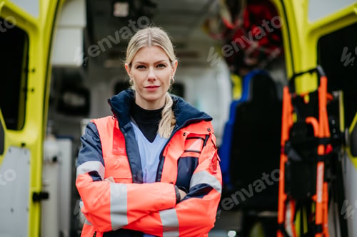 Preview: Portrait of young woman doctor standing in front of ambulance car.