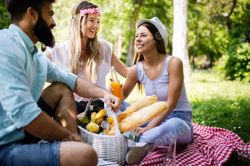Preview: Happy friends in the park having picnic on a sunny day
