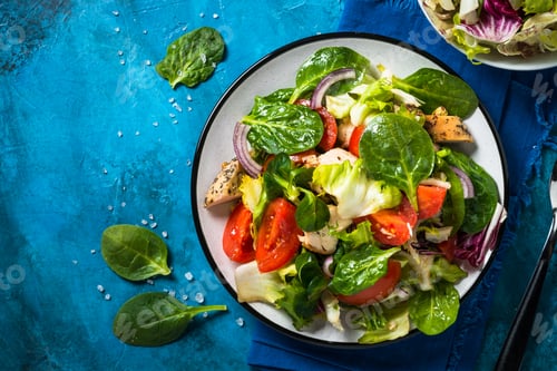 Preview: Green salad with chicken and vegetables top view