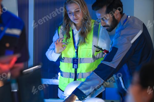 Preview: A happy, diverse team of engineers in safety vests collaborates at night.