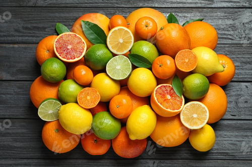 Preview: Flat lay composition with different citrus fruits on wooden background