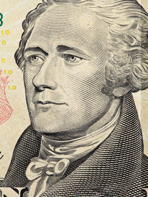 Vista previa: Alexander Hamilton sobre un billete de diez dólares estadounidenses