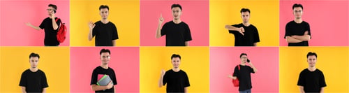Preview: Collage of attractive male student on color backgrounds