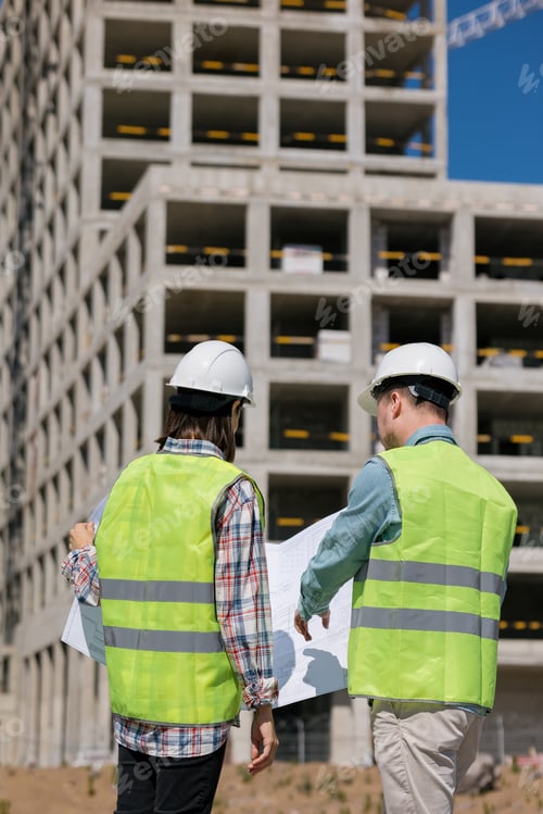 Preview: ire and technical safety engineers at the construction site inspect the multi-storey building