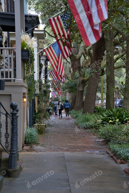 Preview: Beautiful sidewalk of flags and people walking in the distance