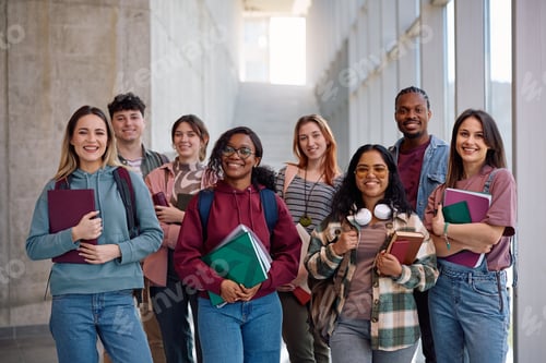 Visualização: Grupo de estudantes universitários felizes olhando para a câmera.