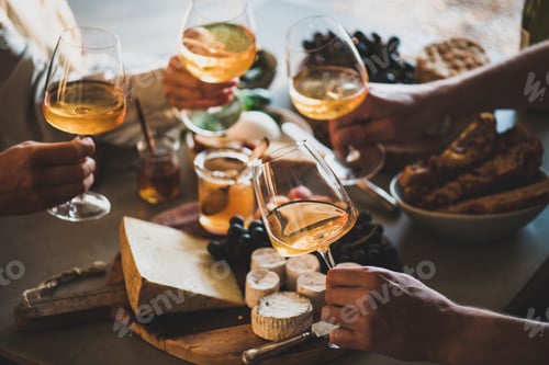 Preview: Hands of people holding wineglasses with orange or rose wine