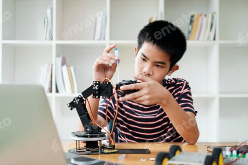 Preview: Student robot project in science technology of robotics programing and STEM education concept.