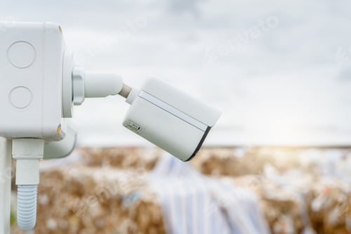Preview: Side view of white CCTV security camera video system for safety at a paper recycling factory.