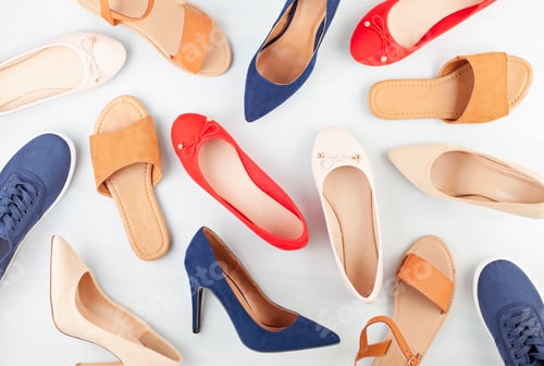 Preview: Girl's spring summer shoes collection. Mock up of different styles and colos shoes
